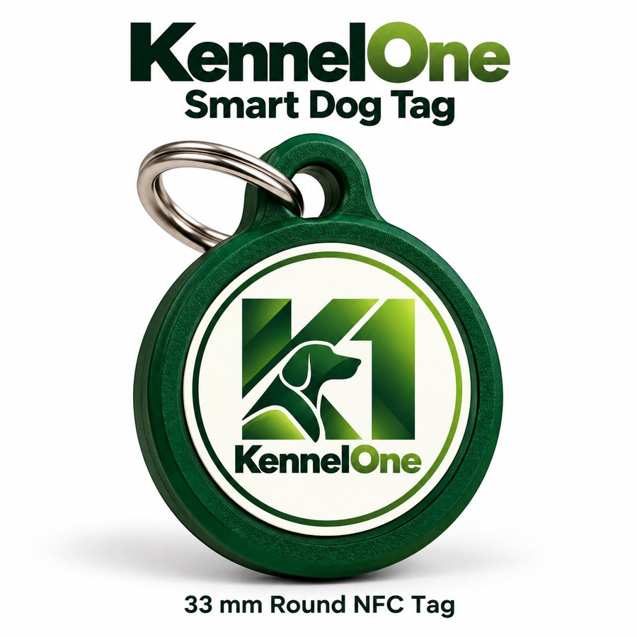 Kennel One Smart Dog Tag with K1 logo and silver collar ring