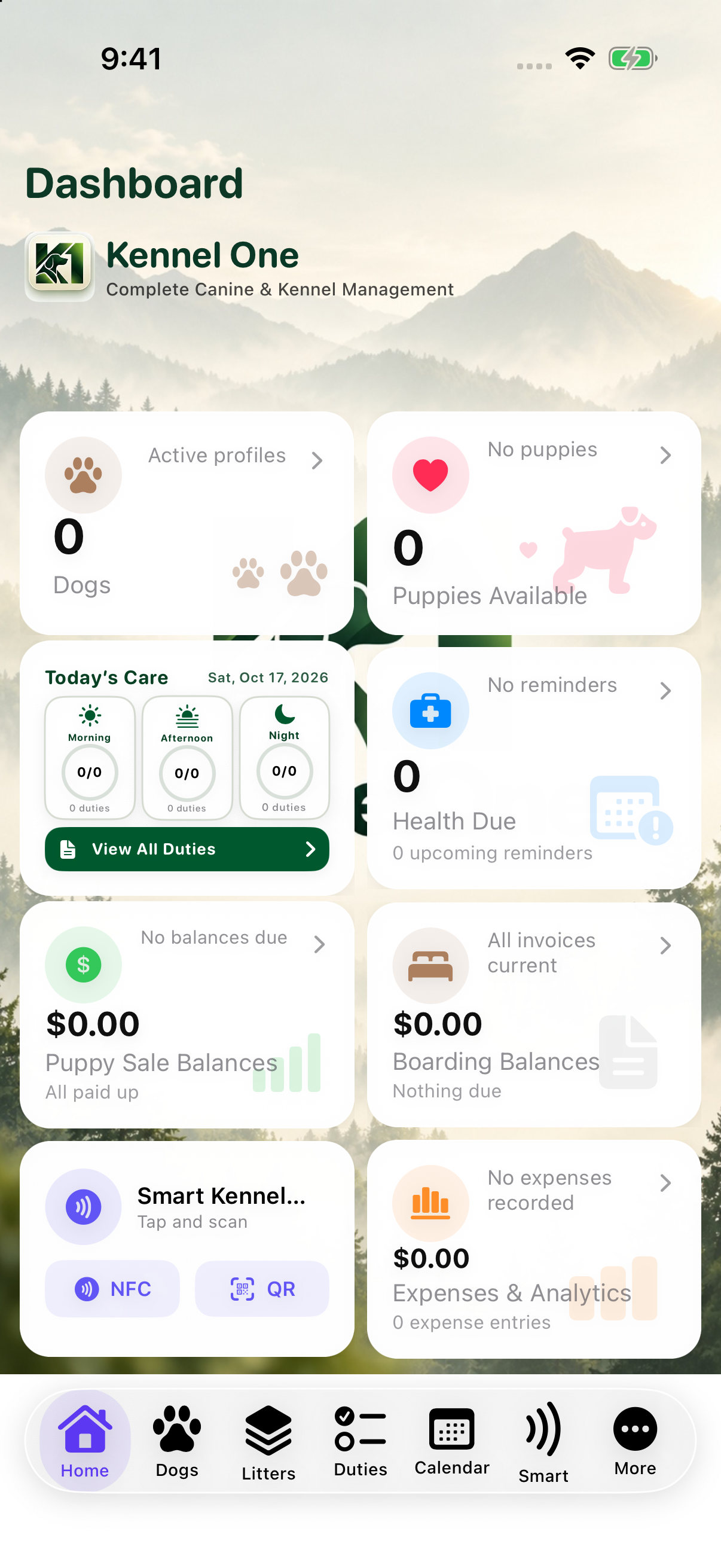 Kennel One dashboard app screen