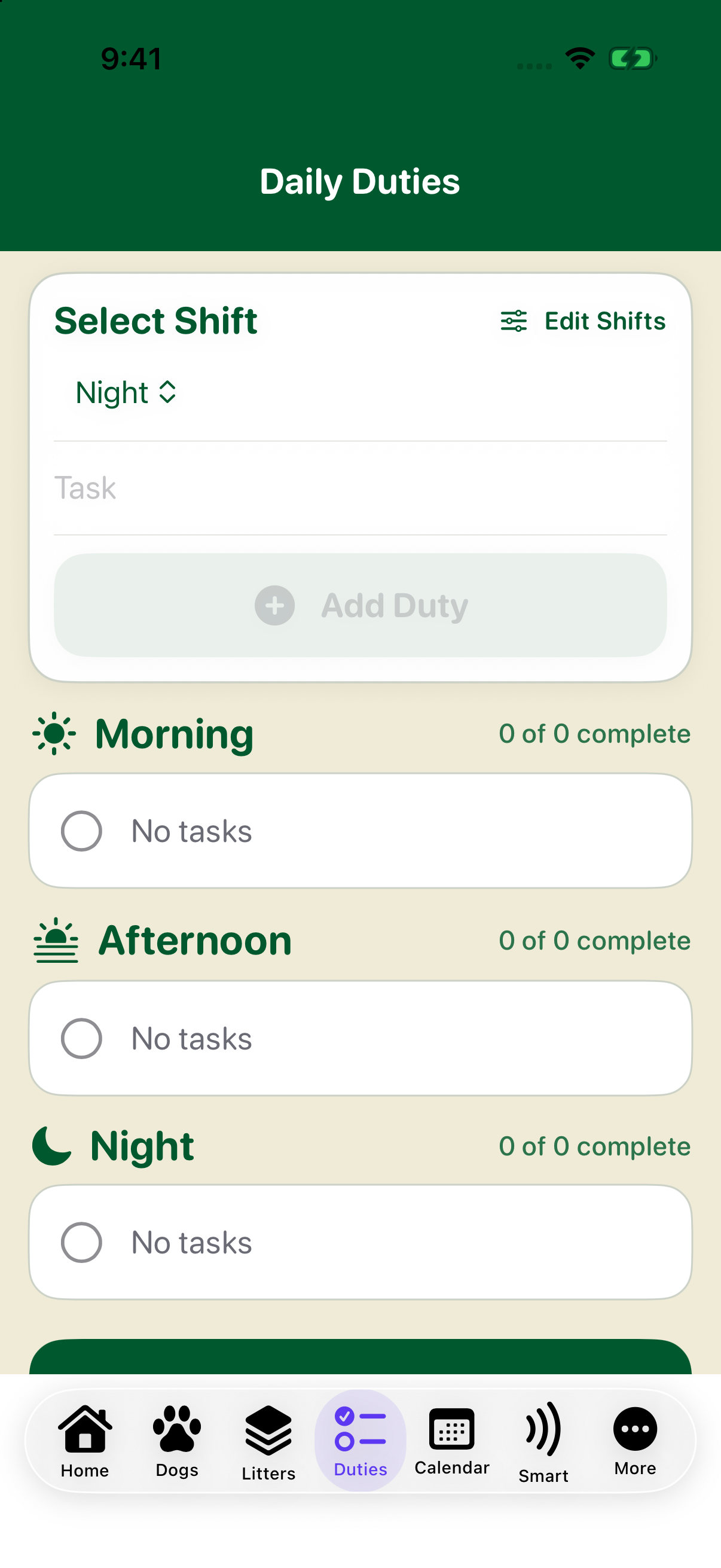 Kennel One daily duties app screen