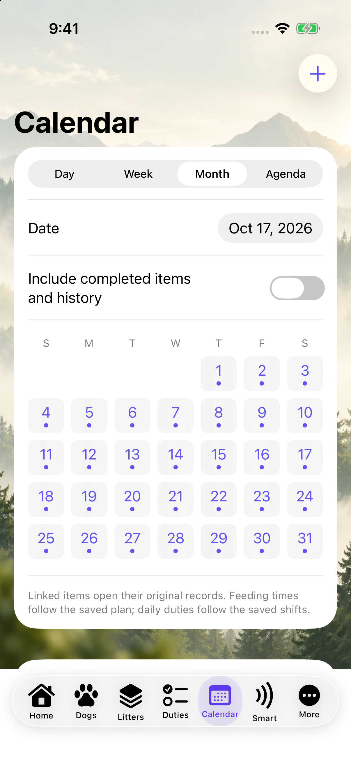 Kennel One calendar app screen
